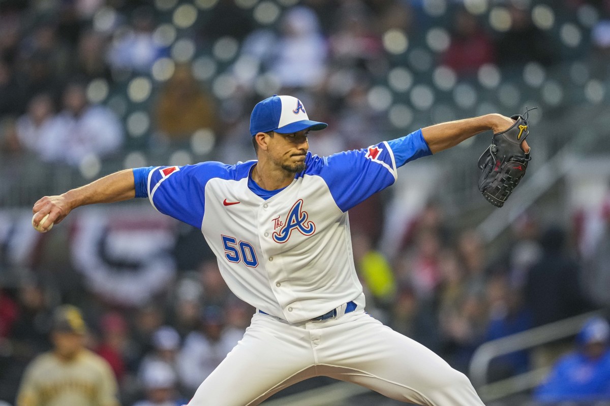 Apr 8, 2023; Cumberland, Georgia, USA; Atlanta Braves starting pitcher Charlie Morton (50) pitches against the San Diego Padres during the first inning at Truist Park.